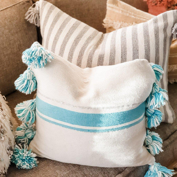 A Little Morocco, Moroccan Pompom Cushion - Blue Stripe Styled
