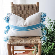 A Little Morocco, Moroccan Pompom Cushion - Blue Stripe Large Front B