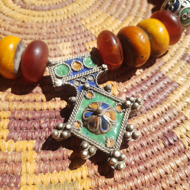 A Little Morocco, Necklace with Amber Beads and Vintage Enamel Pendant Detail