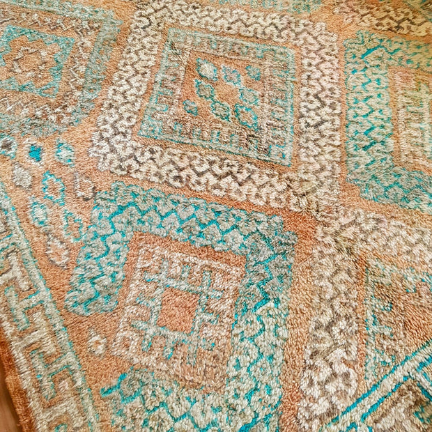 A Little Morocco, Vintage Moroccan Rug, Nora with earthy tones and teal, Closeup