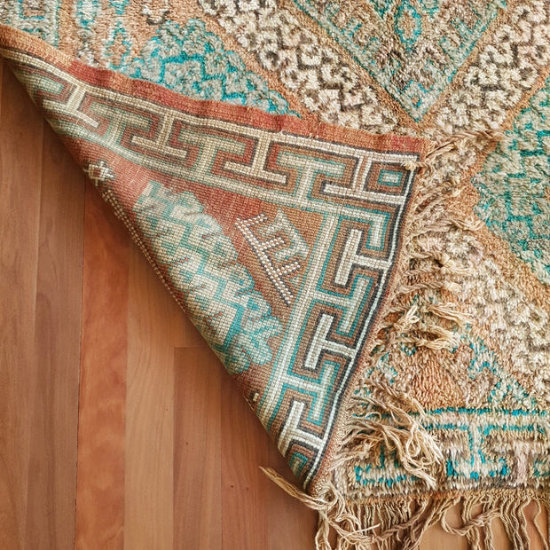 A Little Morocco, Vintage Moroccan Rug, Nora with earthy tones and teal, Corner