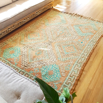 A Little Morocco, Vintage Moroccan Rug, Nora with earthy tones and teal, angled