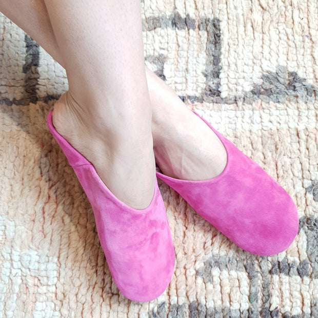 A Little Morocco, Suede Babouche Sslippers Fuscia Styled Image