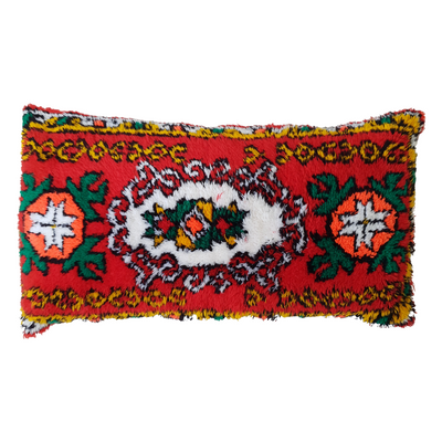 Moroccan Boujaad Cushion, handwoven vintage rug cushion with bright red colours and feather insert