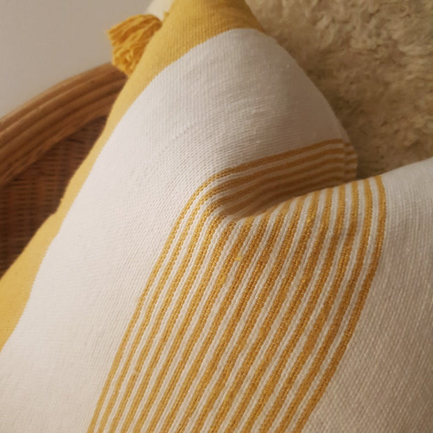 A Little Morocco, Pompom Cushion Mustard Multi-Stripe Detail