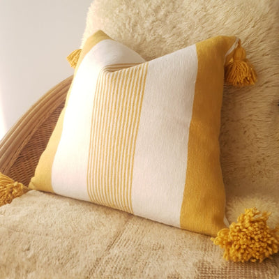 A Little Morocco, Pompom Cushion Mustard Multi-Stripe Colour