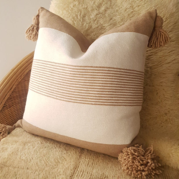 A Little Morocco, Pompom Cushion Caramel Multi stripe, Front