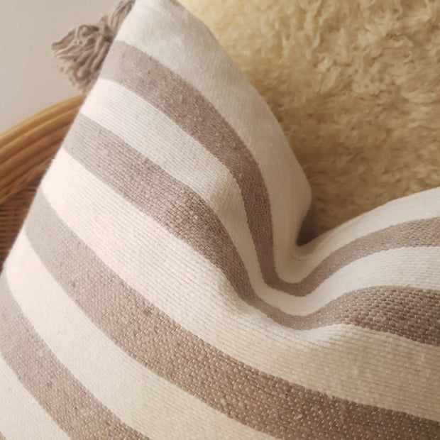 A Little Morocco, Pompom Cushion Tan Stripe Closeup