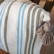 A LITTLE MOROCCO Pompom Cushion Blue and Brown Stripe Detail