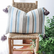 A LITTLE MOROCCO Pompom Cushion Blue and Brown Stripe Front B
