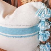 A Little Morocco, Moroccan Pompom Cushion - Blue Stripe Front Detail