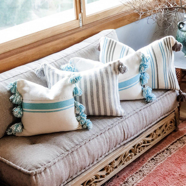A Little Morocco, Moroccan Pompom Cushion - Blue Stripe Styled B