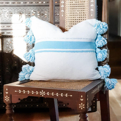 A Little Morocco, Moroccan Pompom Cushion - Blue Stripe Front