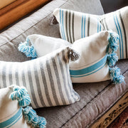 A Little Morocco, Moroccan Pompom Cushion - Blue Stripe Largen Styled B