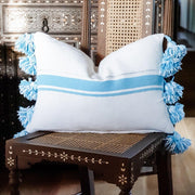 A Little Morocco, Moroccan Pompom Cushion - Blue Stripe Large Front